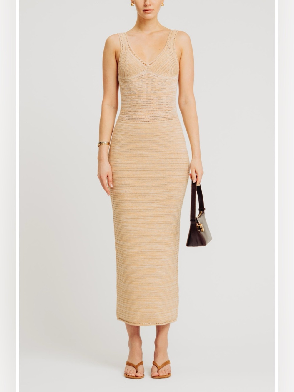 NEW Torn by Ronny Kobo Madi Midi Knit Low Back Resort Dress Biscotti Size Small